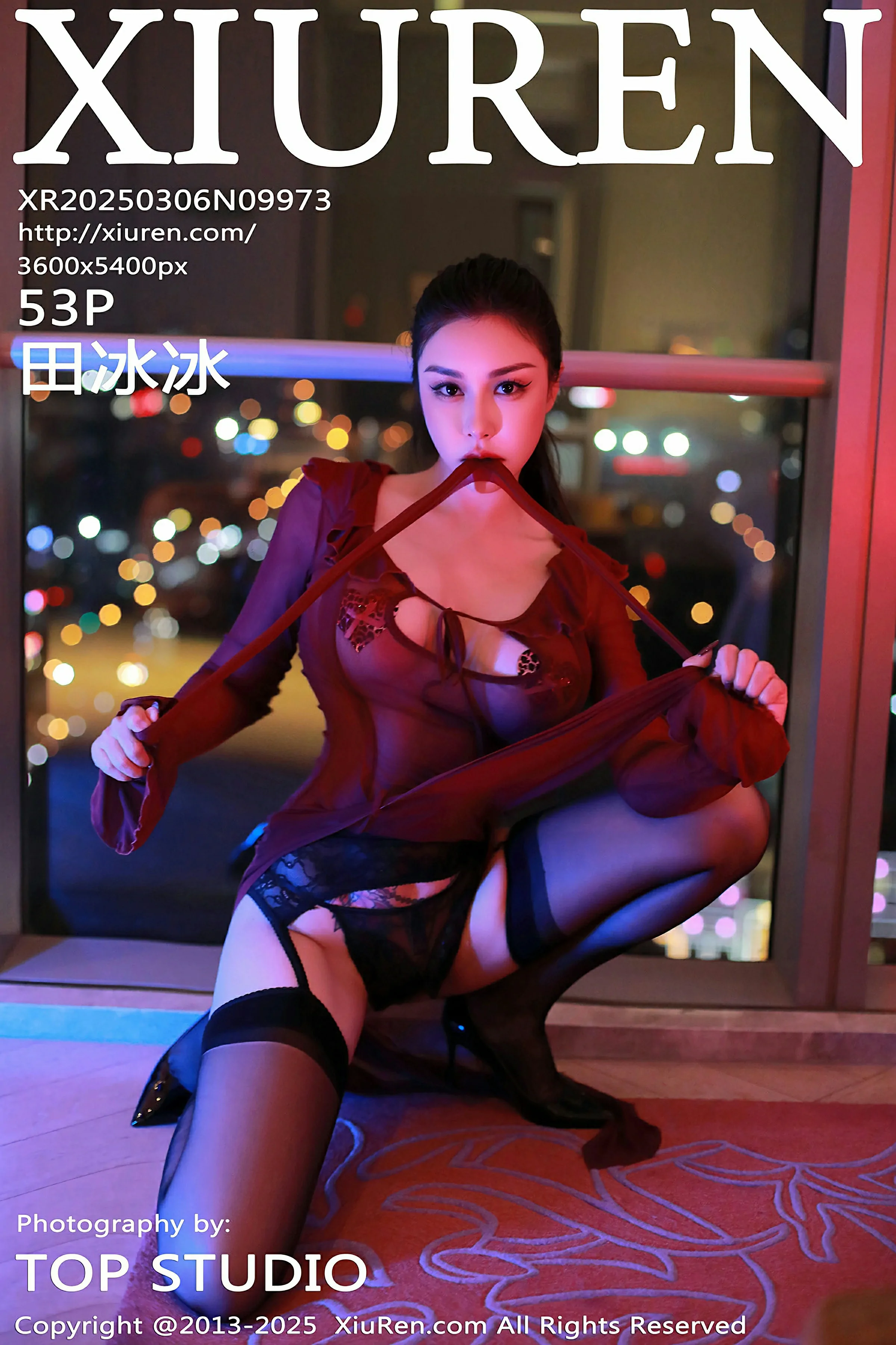 [XiuRen秀人网] 2025.03.06 No.9973 田冰冰 酒红色连衣裙 魅惑黑丝 性感写真 [53+1P] 